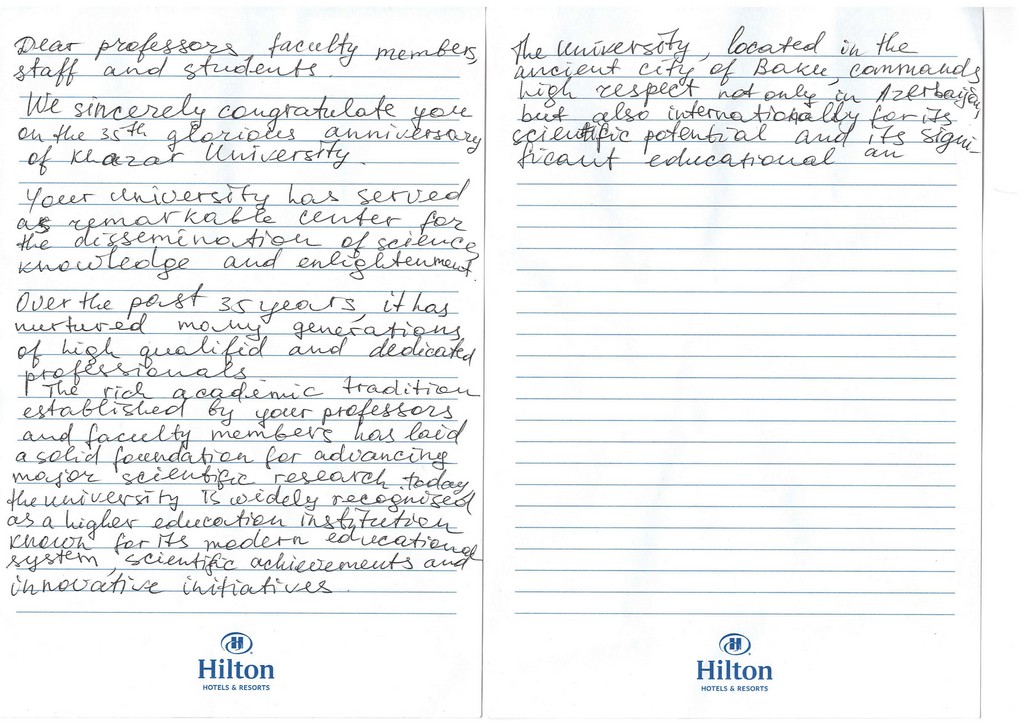 Xəzər universitetinə 35 illik yubileyi münasibətilə təbrik